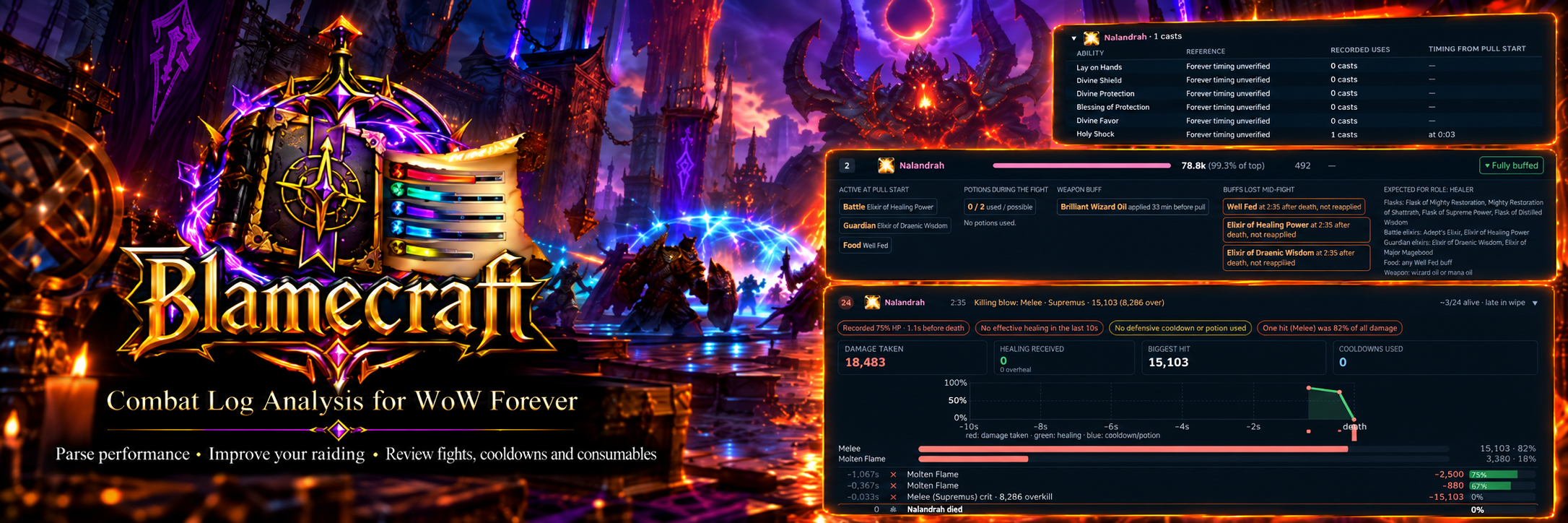 Blamecraft — combat log analysis for WoW Forever. Parse performance, improve your raiding, and review fights, cooldowns and consumables.